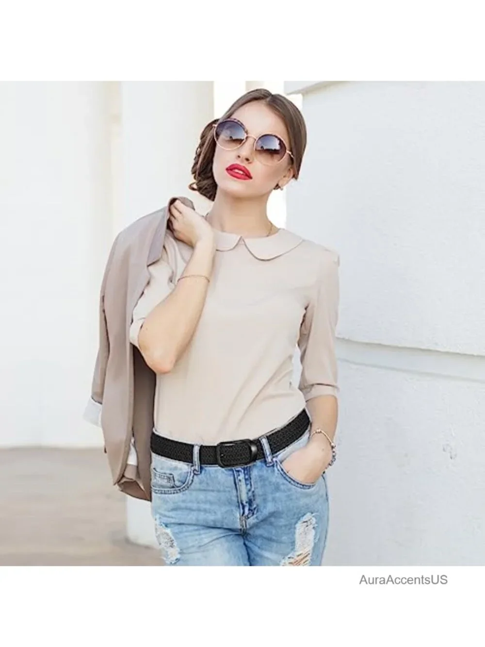 Women's Stretch Braided Belt - No-Hole Elastic Woven Fabric Waist Belt